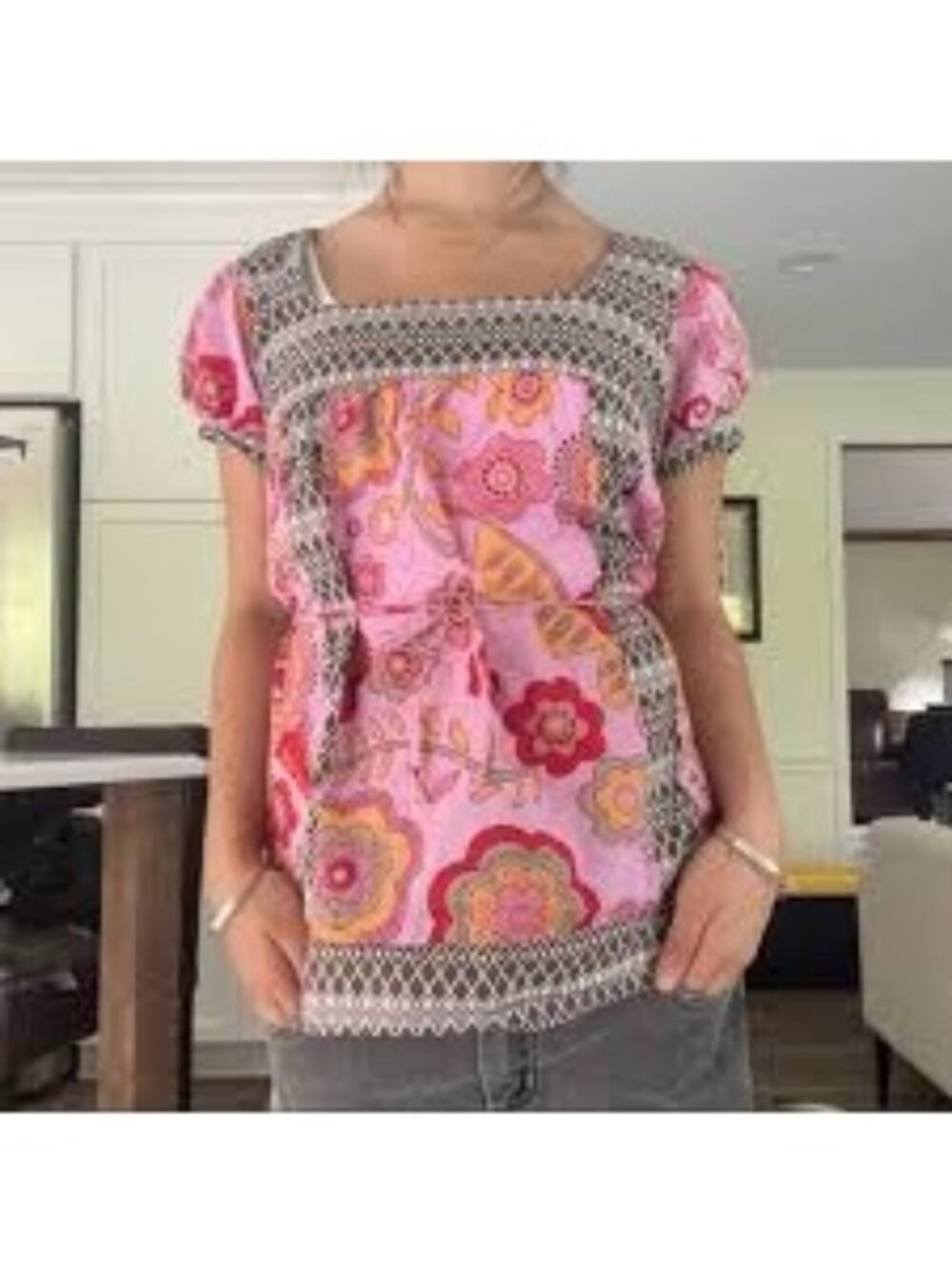 Fresh Brewed Women's Short Sleeve Pullover Peasant Top Pink Size L